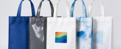 Five non-woven bags showing different printing methods including screen printing, lamination, heat transfer, digital printing and water-based printing