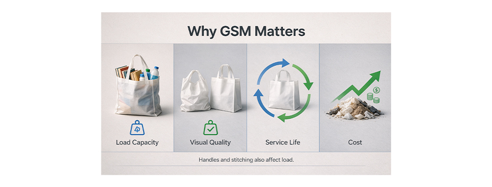 Infographic showing why GSM matters, impact on non-woven bag load capacity, visual quality, service life, and cost_