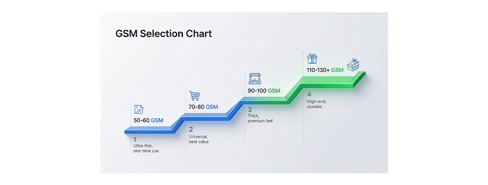 GSM selection chart for non-woven bags, from 50-60 GSM lightweight to 110-130+ GSM premium_