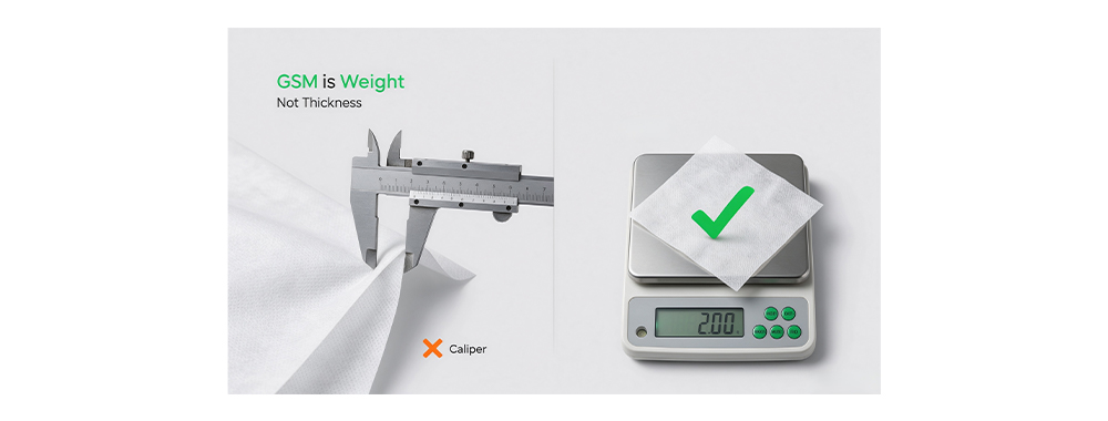 GSM vs thickness, demonstrating non-woven fabric measurement using a caliper and a digital weighing scale