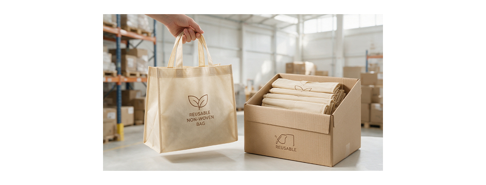 Folded non‑woven bags in warehouse