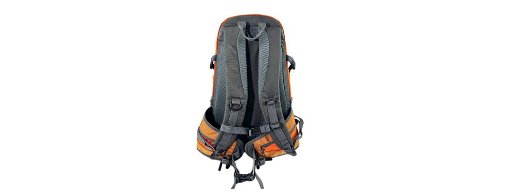 Orange outdoor hiking backpack with XPE foam back panel and side wall padding for compression stability and weather resistance