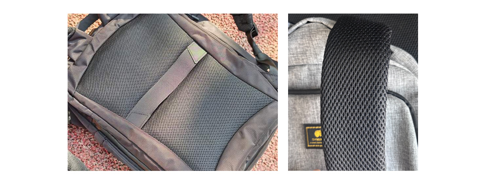 Mesh fabric laminated over foam on a backpack back panel and shoulder strap for breathability and comfort
